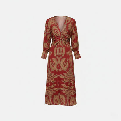 Midi Dress Women's Printed Twist Front V-neck Long Sleeve
