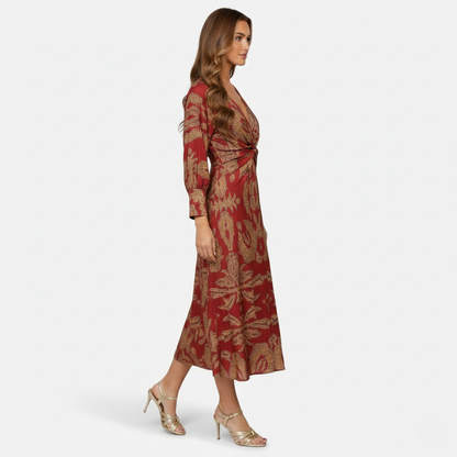 Midi Dress Women's Printed Twist Front V-neck Long Sleeve