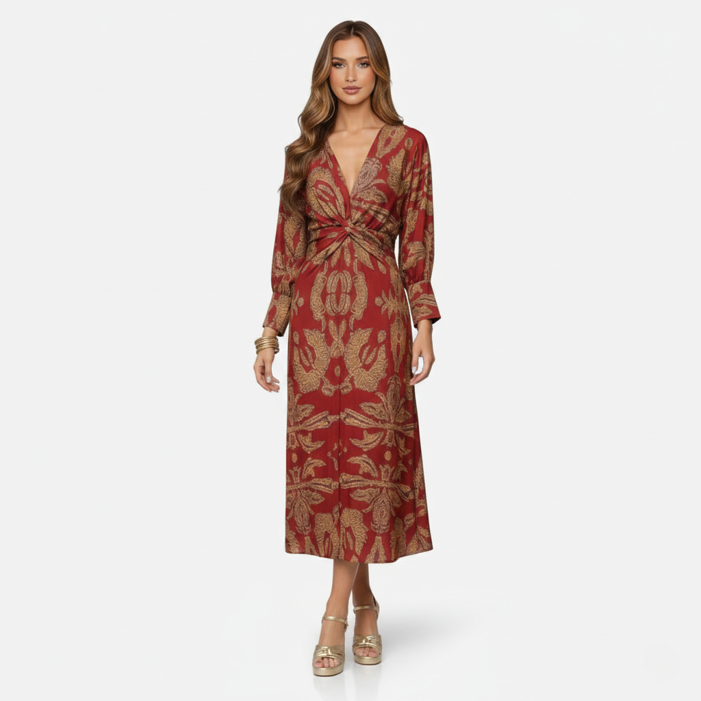 Midi Dress Women's Printed Twist Front V-neck Long Sleeve