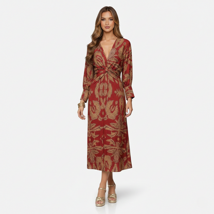 Midi Dress Women's Printed Twist Front V-neck Long Sleeve