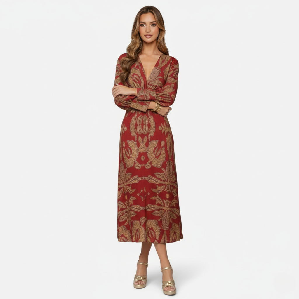 Midi Dress Women's Printed Twist Front V-neck Long Sleeve