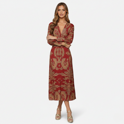 Midi Dress Women's Printed Twist Front V-neck Long Sleeve