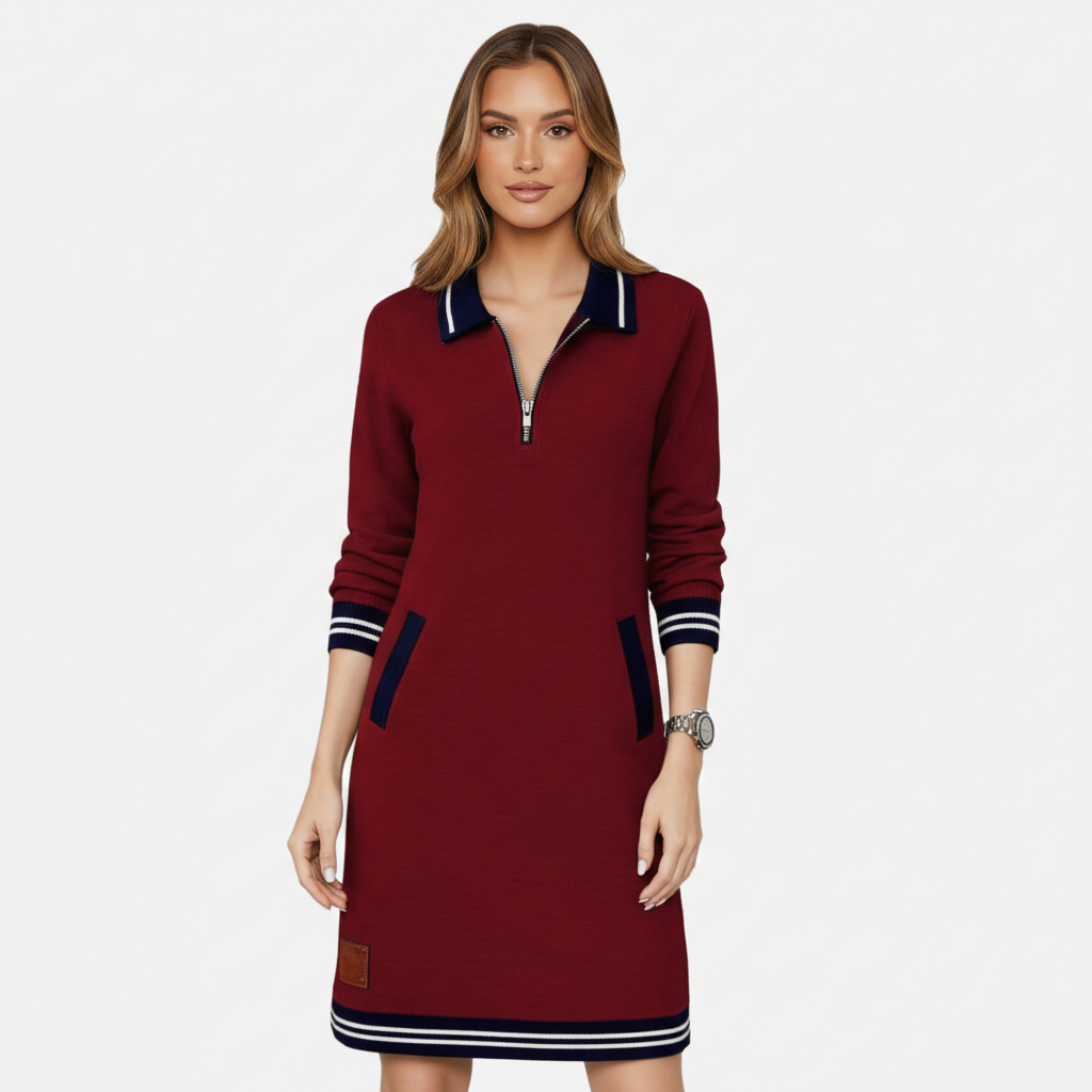 Shift Dress Women's Polo Collar Long Sleeve Half-Zip