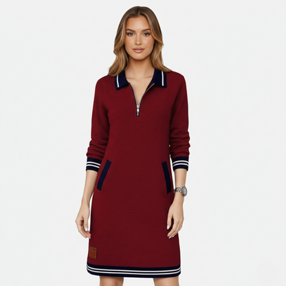 Shift Dress Women's Polo Collar Long Sleeve Half-Zip