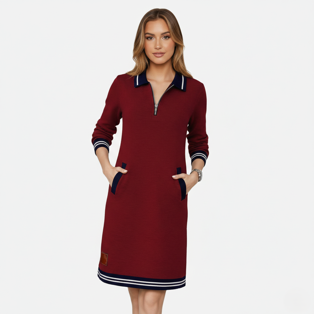 Shift Dress Women's Polo Collar Long Sleeve Half-Zip