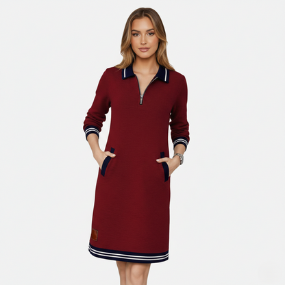 Shift Dress Women's Polo Collar Long Sleeve Half-Zip