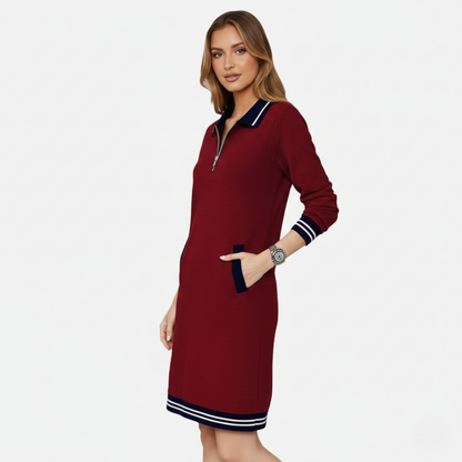 Shift Dress Women's Polo Collar Long Sleeve Half-Zip