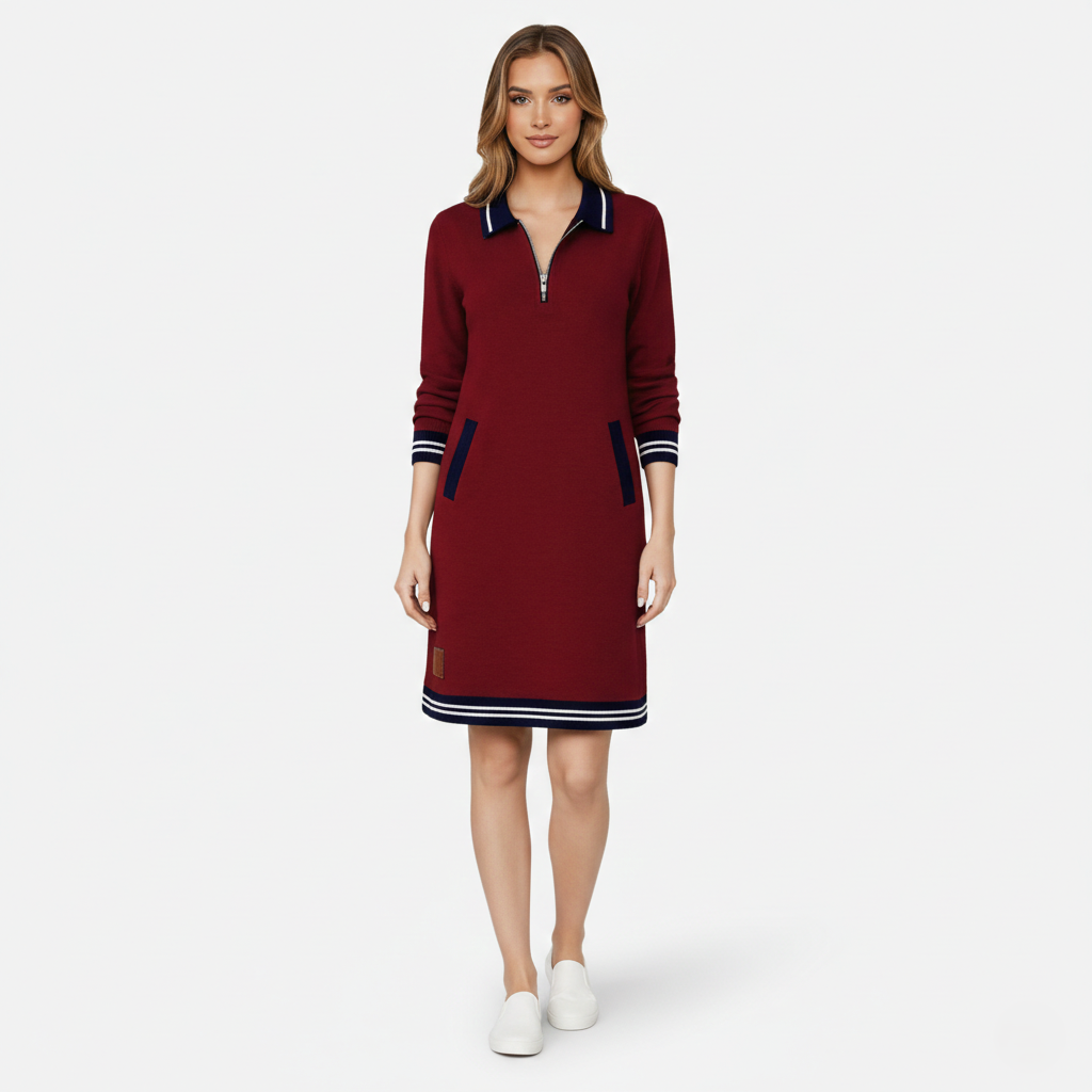Shift Dress Women's Polo Collar Long Sleeve Half-Zip