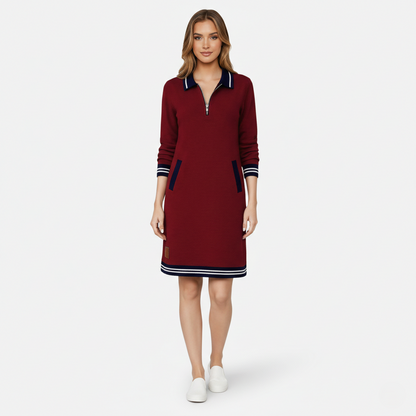 Shift Dress Women's Polo Collar Long Sleeve Half-Zip