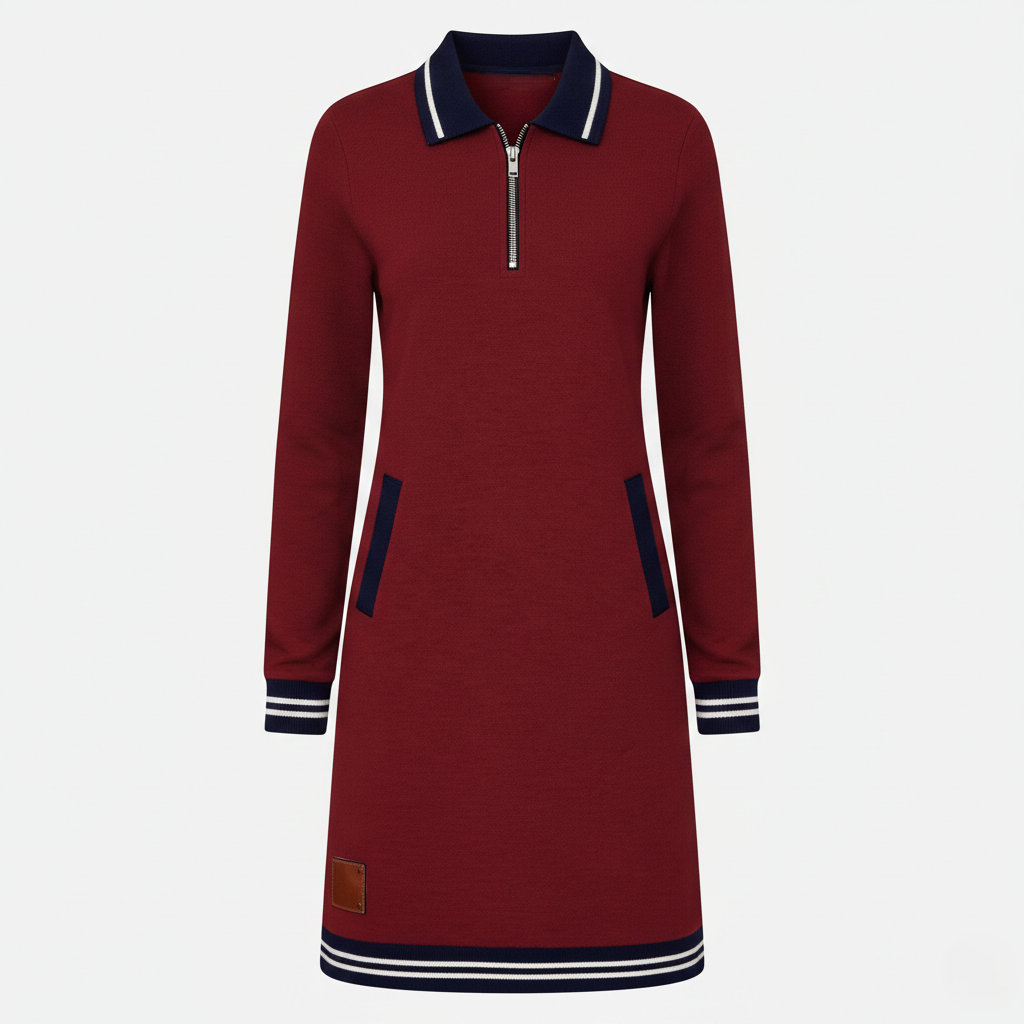 Shift Dress Women's Polo Collar Long Sleeve Half-Zip