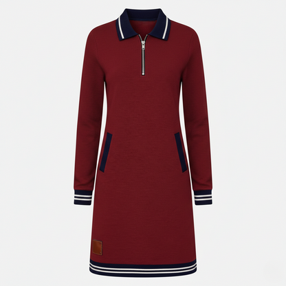 Shift Dress Women's Polo Collar Long Sleeve Half-Zip