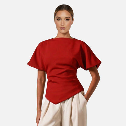 Ruched Blouse Women's Boat Neck Batwing Sleeve Asymmetric Hem