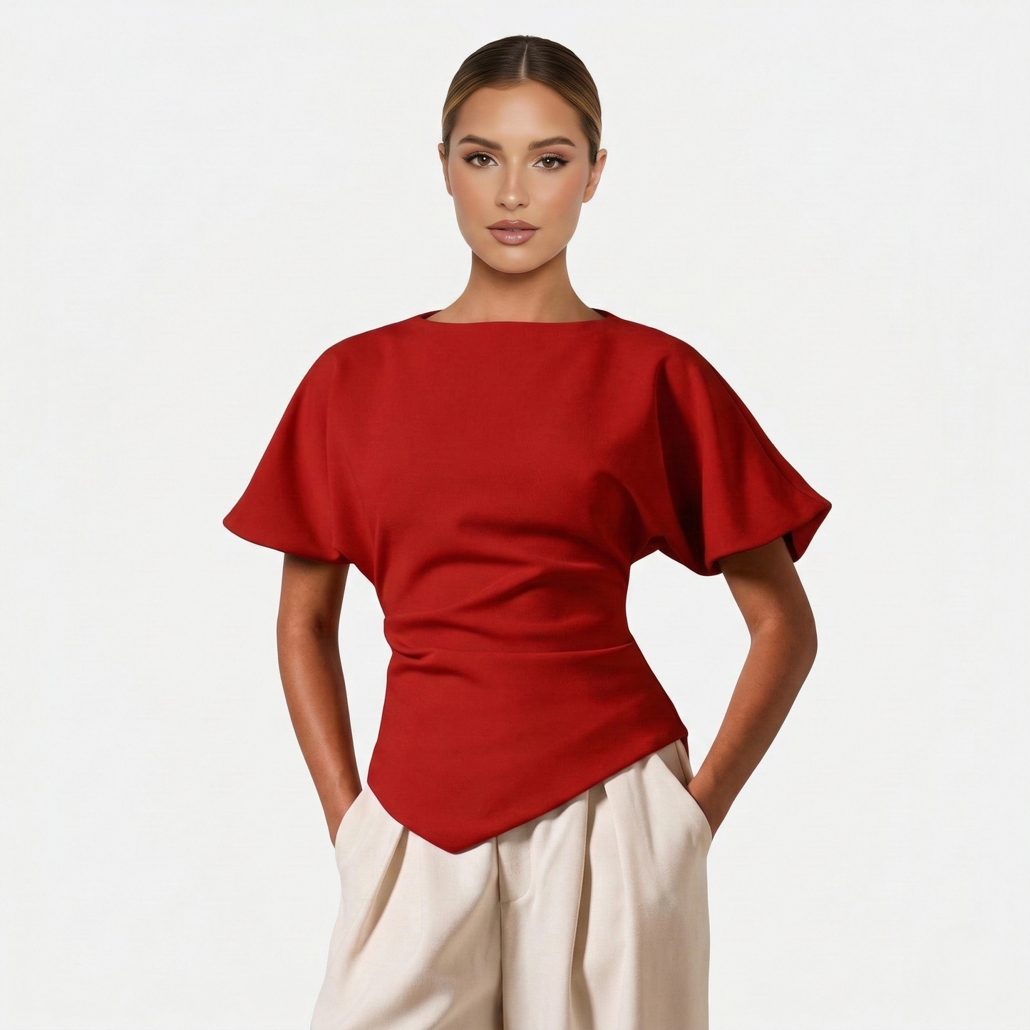 Ruched Blouse Women's Boat Neck Batwing Sleeve Asymmetric Hem