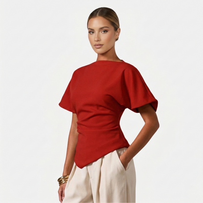 Ruched Blouse Women's Boat Neck Batwing Sleeve Asymmetric Hem