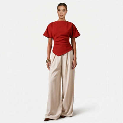 Ruched Blouse Women's Boat Neck Batwing Sleeve Asymmetric Hem