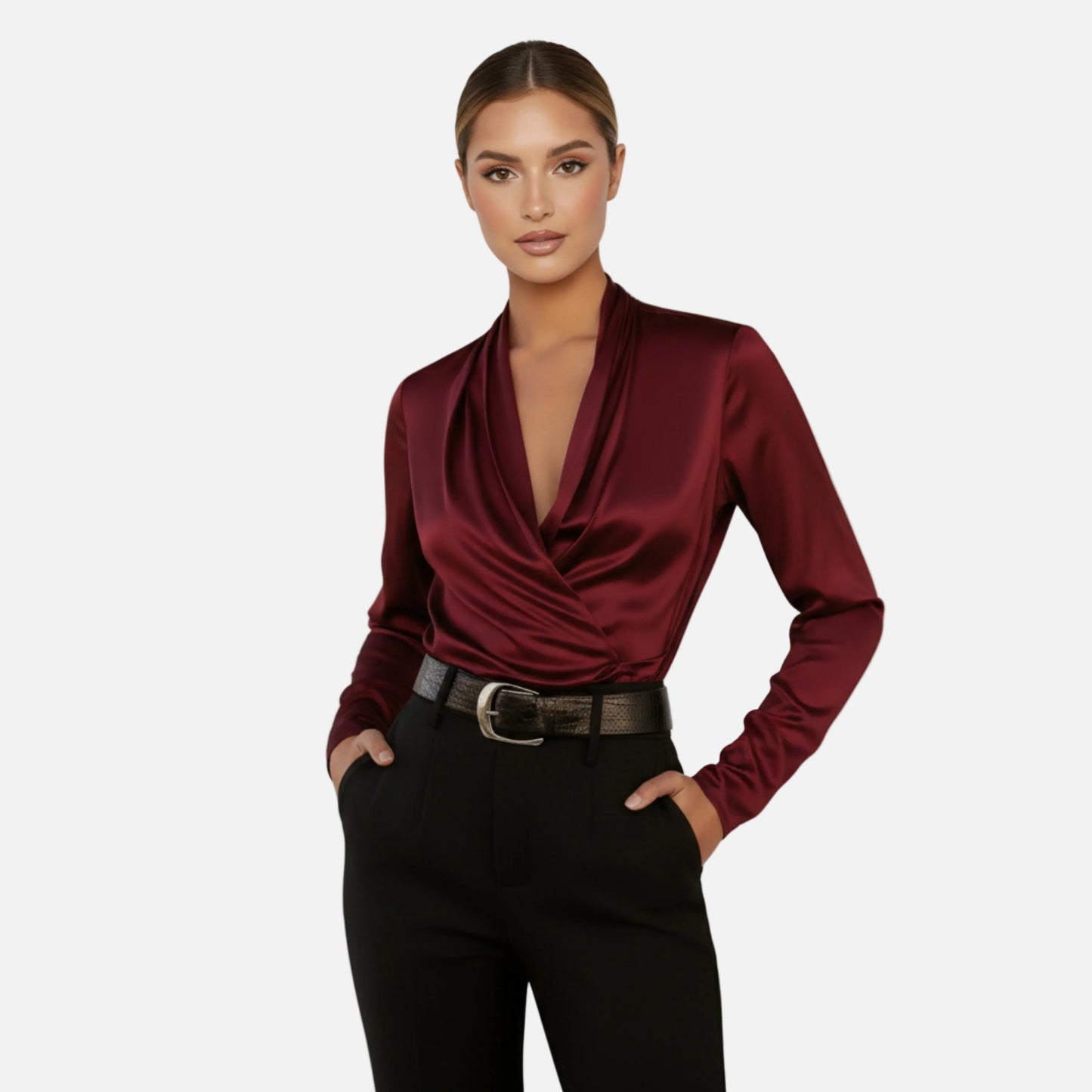 Satin Blouse Women's Draped Wrap V-neck Long Sleeve