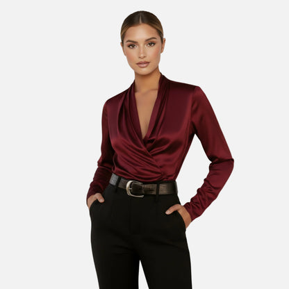 Satin Blouse Women's Draped Wrap V-neck Long Sleeve