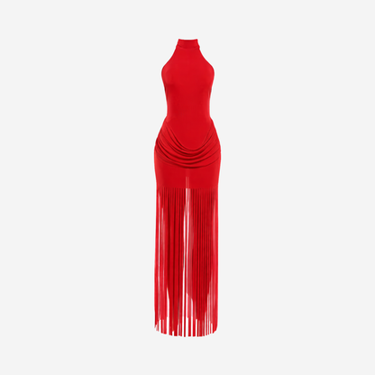 Halter Neck Fringe Maxi Dress Women's Ruched Bodycon Open Back