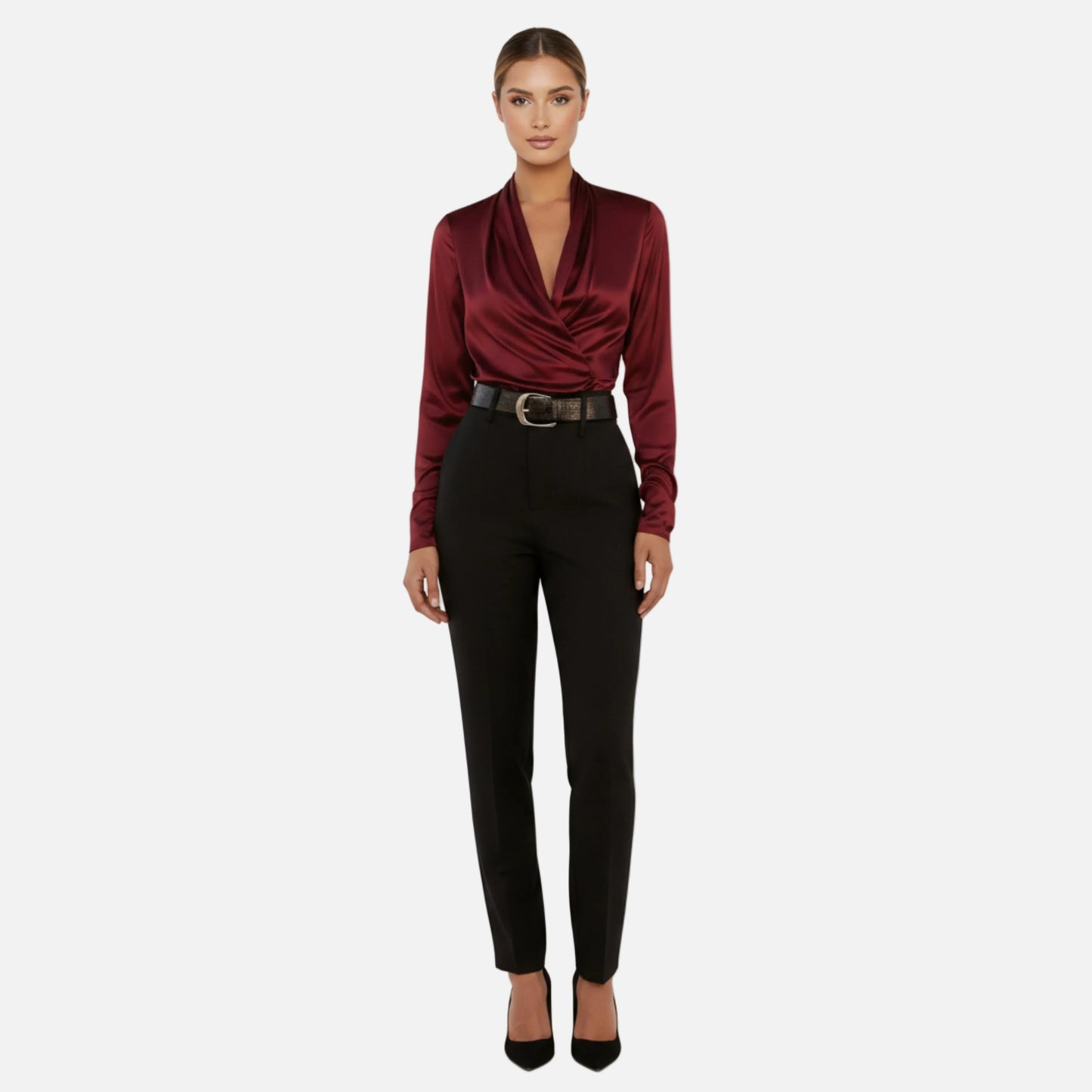 Satin Blouse Women's Draped Wrap V-neck Long Sleeve