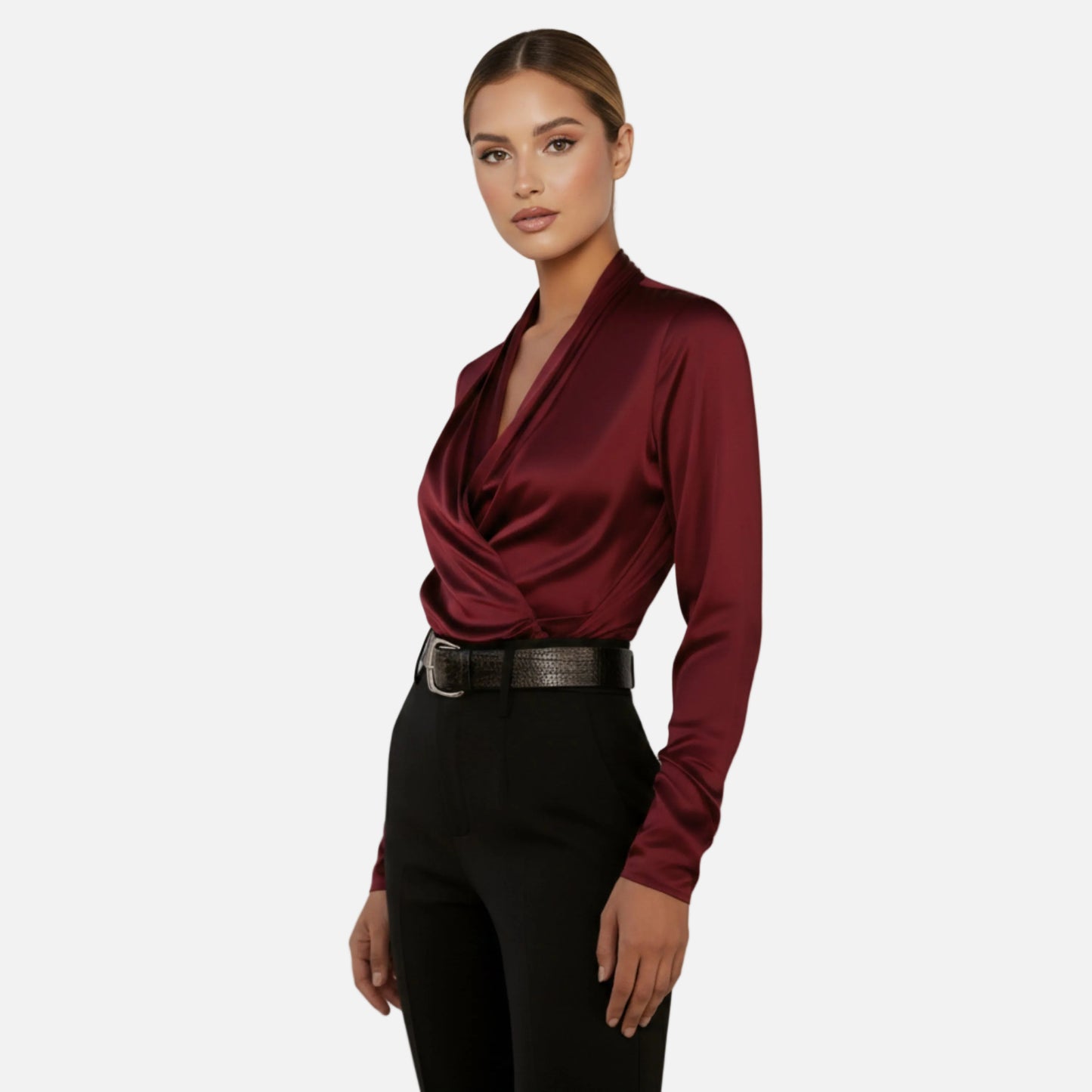 Satin Blouse Women's Draped Wrap V-neck Long Sleeve