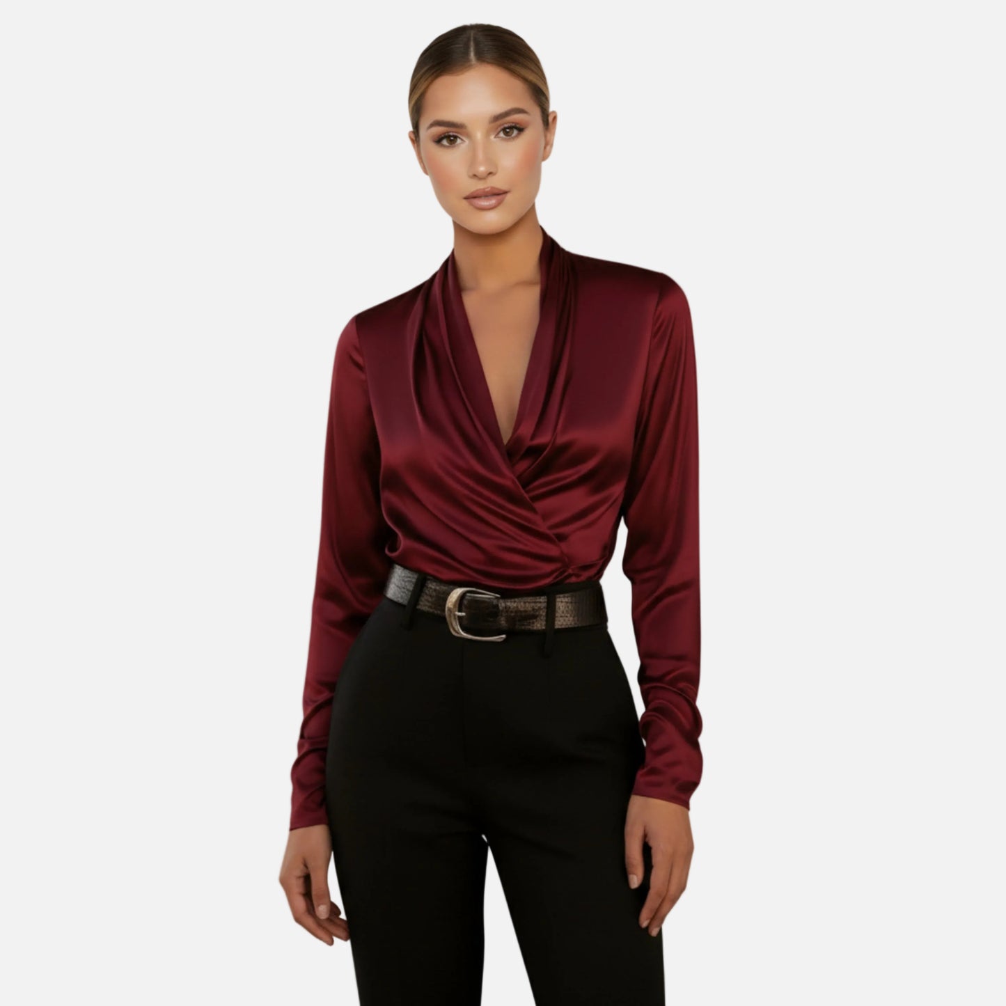 Satin Blouse Women's Draped Wrap V-neck Long Sleeve