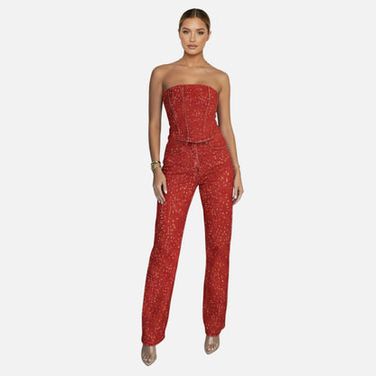 Strapless Vest Top and Straight Leg Pants Set Women’s Sequin Embellished