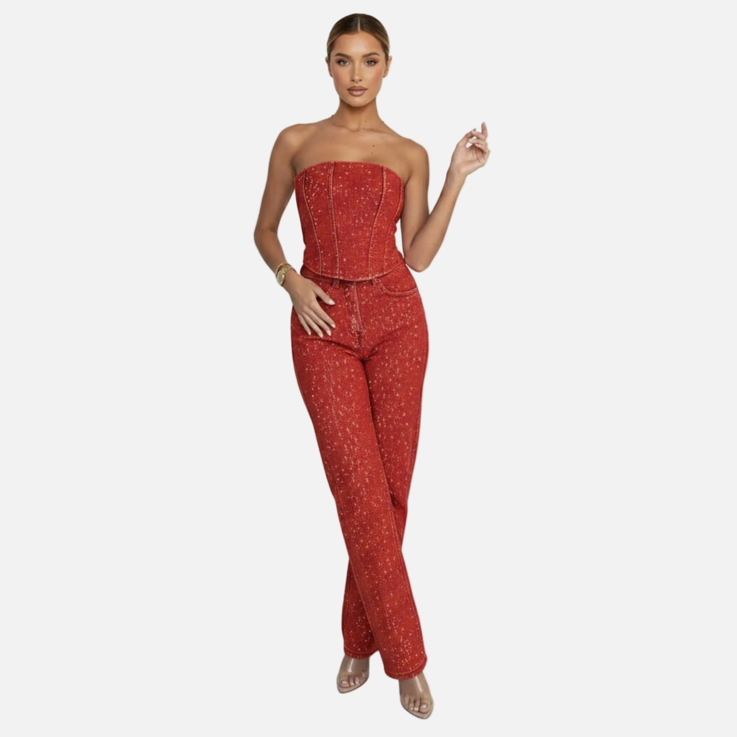 Strapless Vest Top and Straight Leg Pants Set Women’s Sequin Embellished