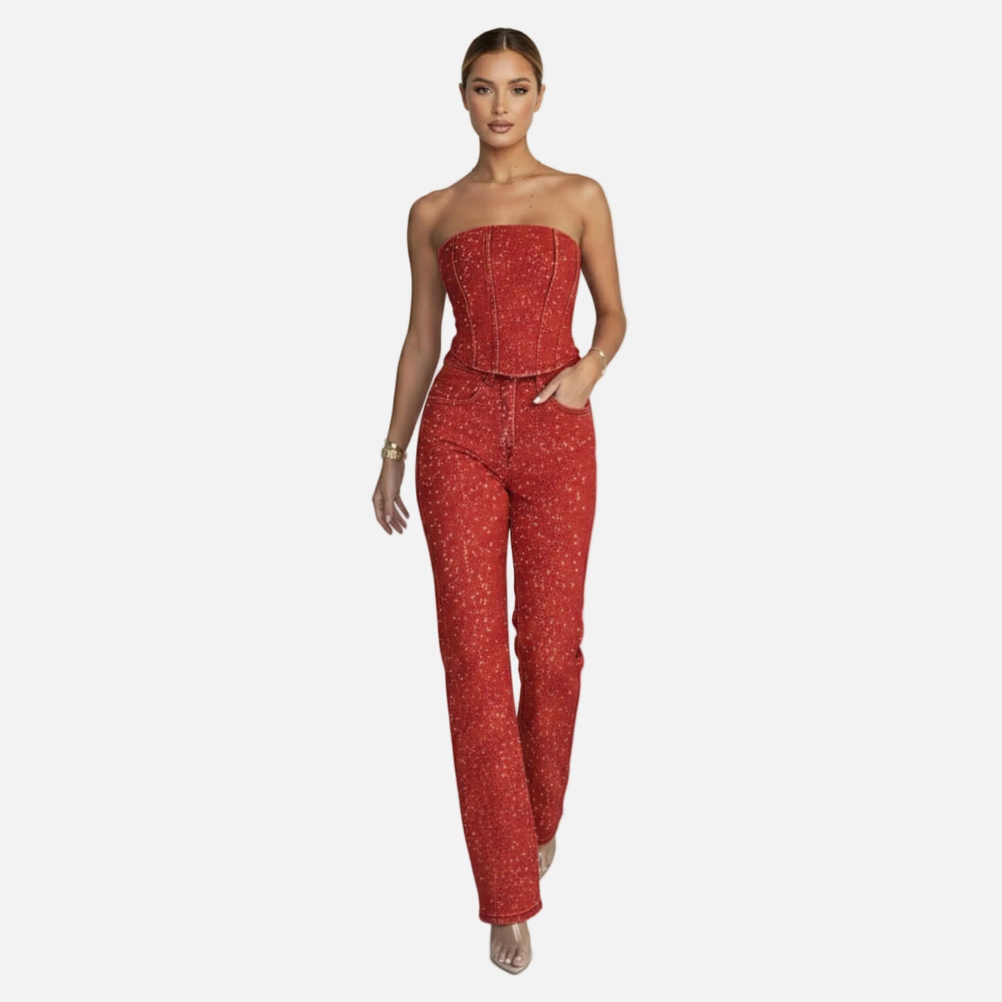Strapless Vest Top and Straight Leg Pants Set Women’s Sequin Embellished