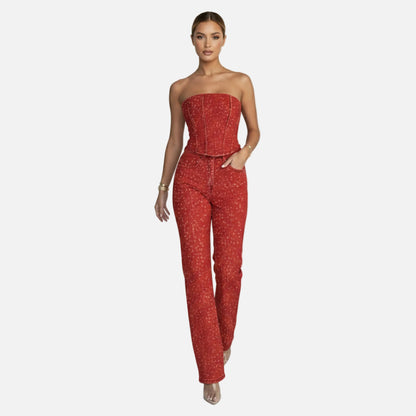 Strapless Vest Top and Straight Leg Pants Set Women’s Sequin Embellished