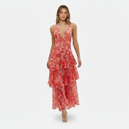 Maxi Dress Women's V-neck Floral Tiered