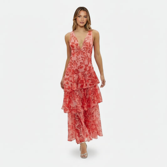 Maxi Dress Women's V-neck Floral Tiered
