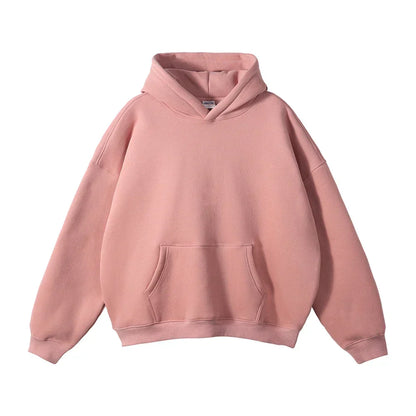 Front view of a dusty pink fleece pullover hoodie laid flat, showing the drop shoulders, ribbed cuffs and hem, and large front pocket. 10