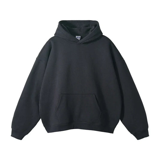 Front flat view of a plain charcoal-black hooded sweatshirt with dropped shoulders, ribbed cuffs and hem, and a large front pouch pocket. 1