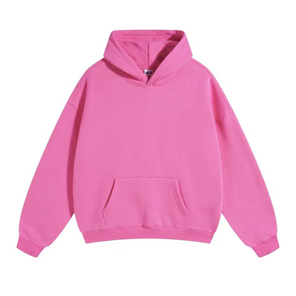 Front flat view of a bright pink pullover hoodie with drop shoulders, ribbed cuffs and hem, and a front kangaroo pocket. 17