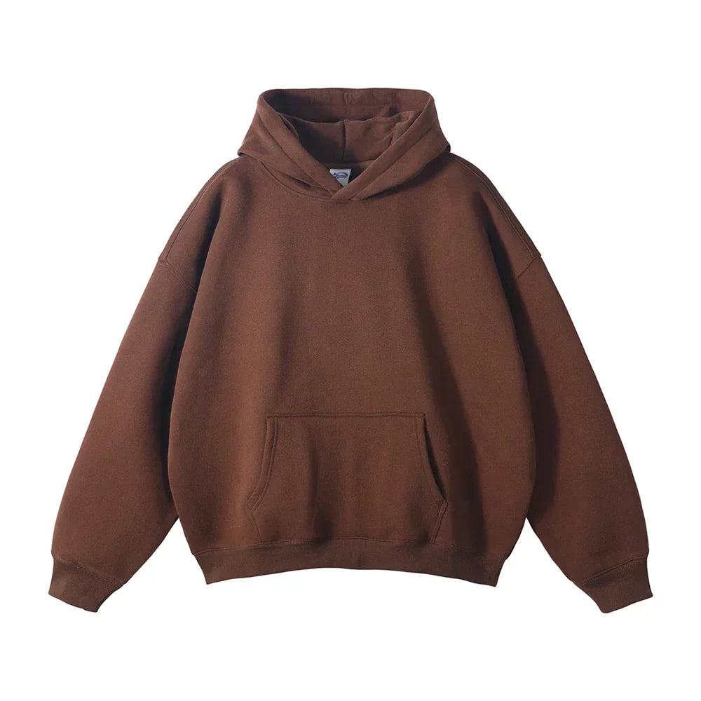 Front view of a plain brown pullover hoodie laid flat, showing the hood, front kangaroo pocket, dropped shoulders and ribbed cuffs and hem. 5