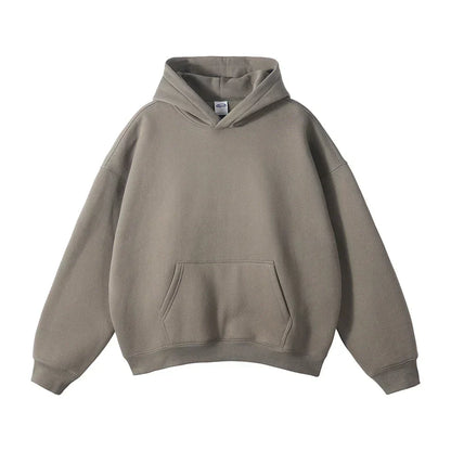 Front view of a taupe-grey pullover hoodie laid flat, showing the hood, ribbed cuffs and hem, and large front pocket. 6