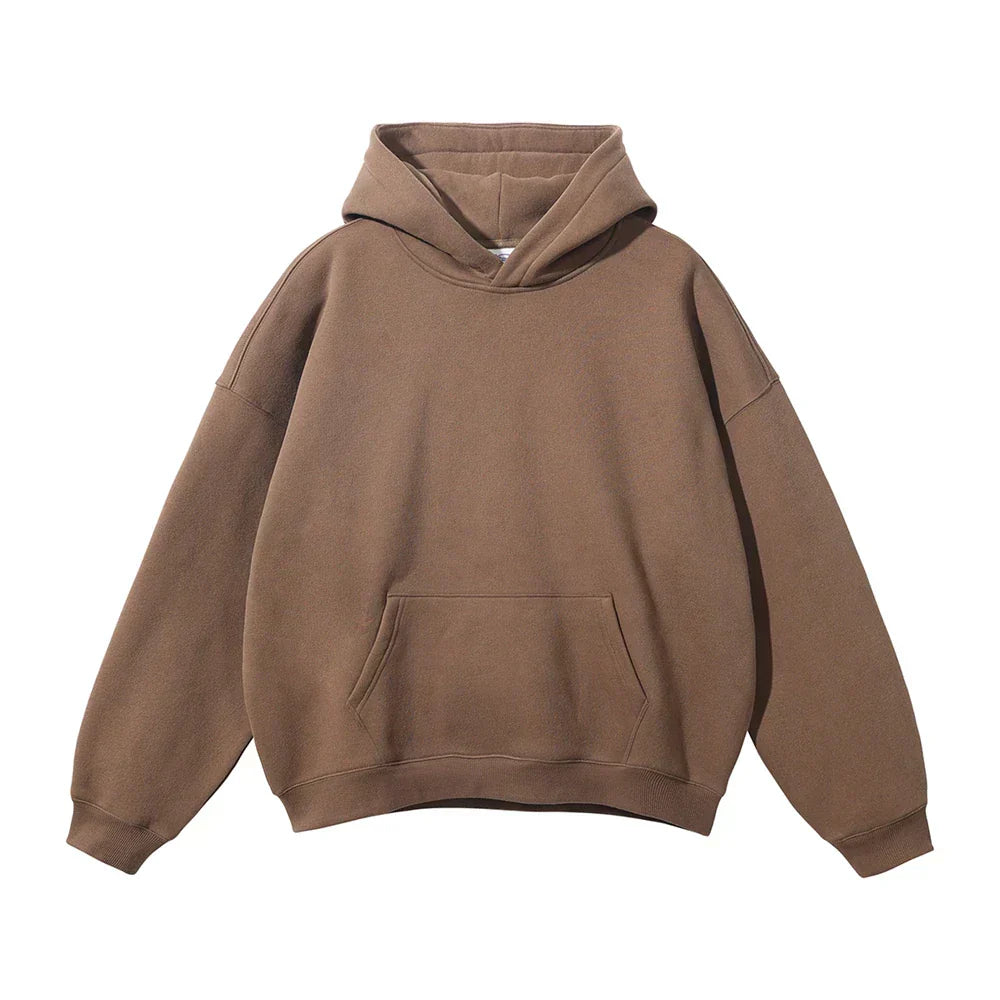 Front flat lay of a plain brown pullover hoodie with drop shoulders, ribbed cuffs and hem, and a front kangaroo pocket. 8