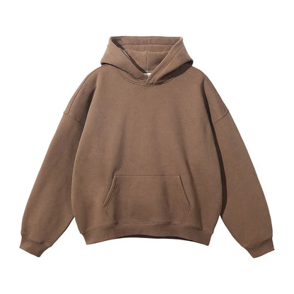 Front flat lay of a plain brown pullover hoodie with drop shoulders, ribbed cuffs and hem, and a front kangaroo pocket. 8
