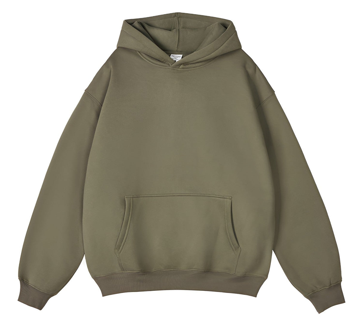 Front flat view of an olive green pullover hoodie with a large kangaroo pocket, ribbed cuffs and hem, and dropped shoulders. 9