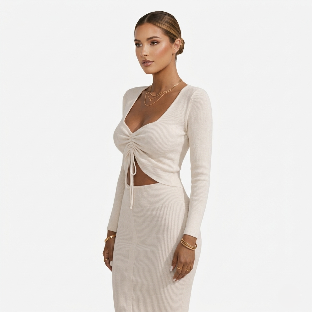 Ribbed Midi Dress Women's Long Sleeve Ruched Drawstring Front Bodycon