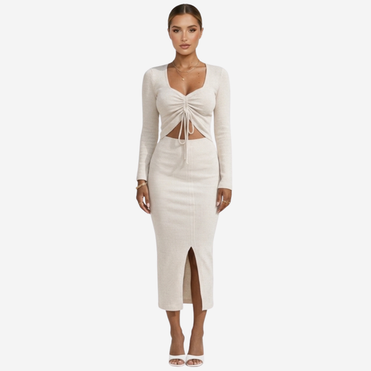 Ribbed Midi Dress Women's Long Sleeve Ruched Drawstring Front Bodycon
