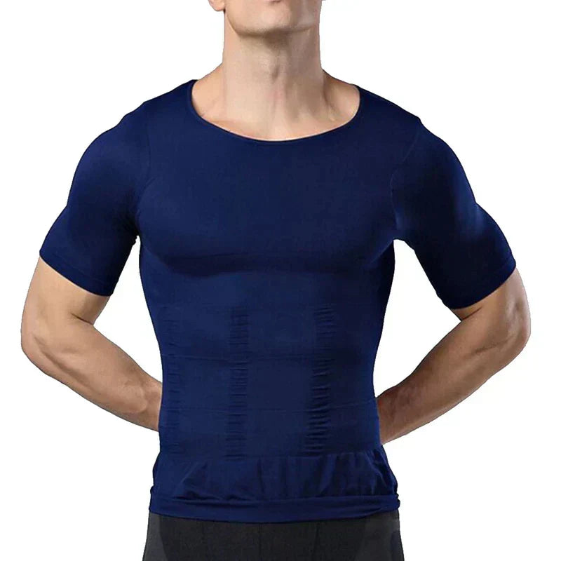 Man in the navy blue compression top with hands on hips, showing the snug fit on the chest and ruched stomach panels. 7