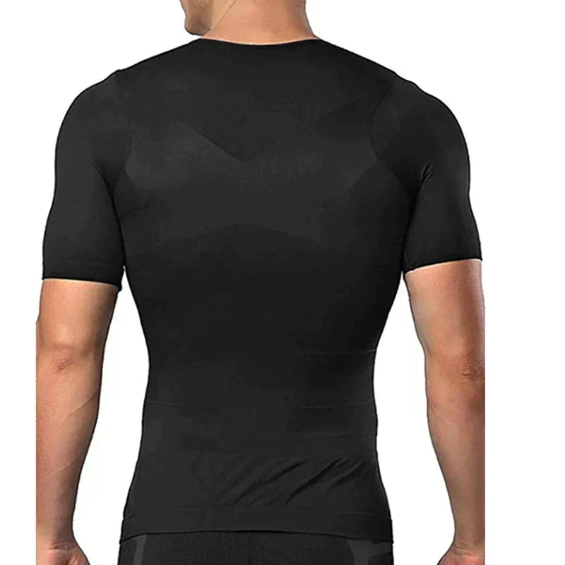 Back view of a man wearing the black compression top, showing the smooth fit across the shoulders, upper back and waist. 5