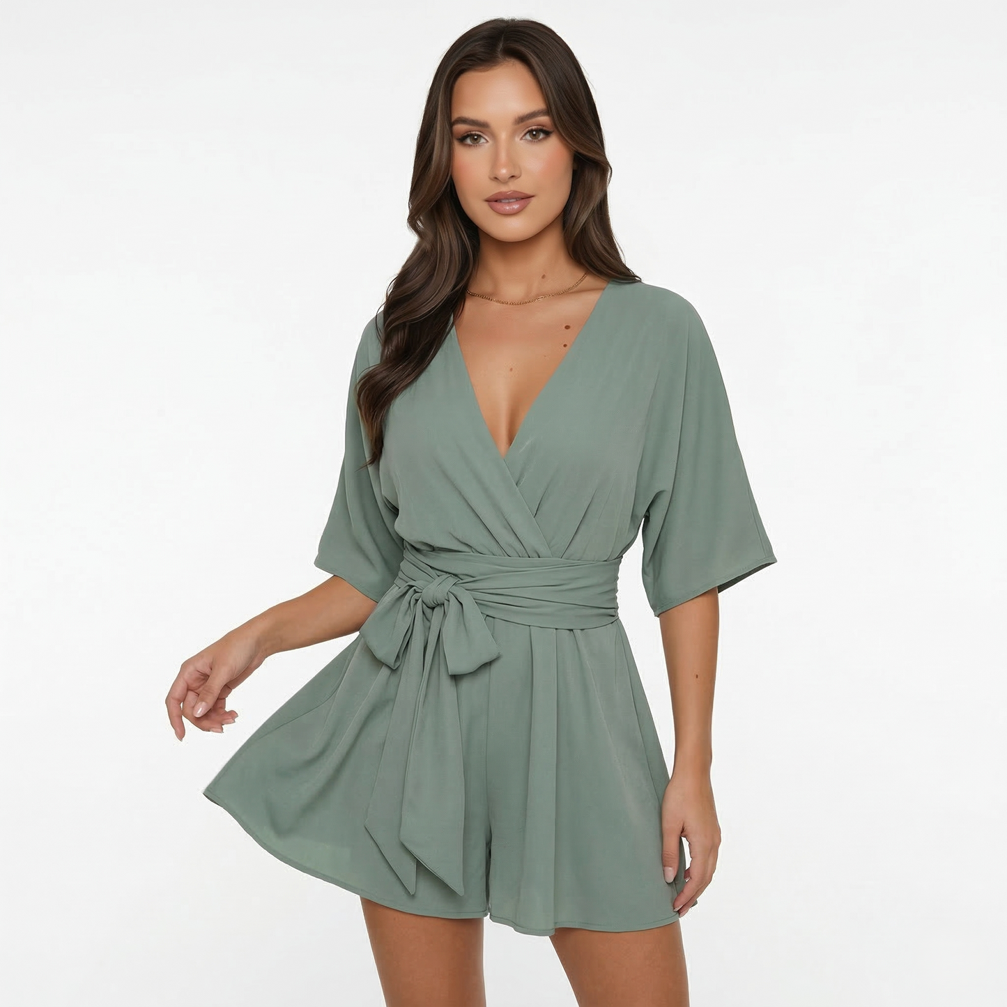 Playsuit Women's V-neck Wrap Tie Waist Belt Flowy Shorts