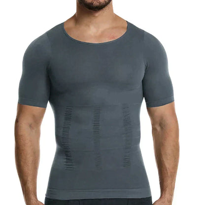 Man wearing the grey compression top from the front, showing its close fit and ruched shaping lines across the stomach. 6