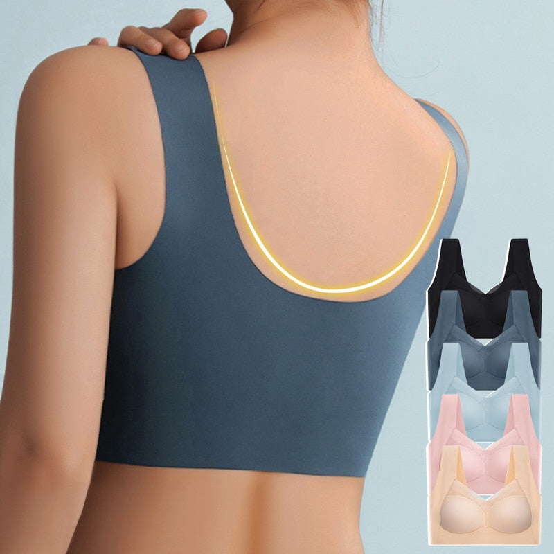 Back view of a model in the blue bra showing the wide straps and U-shaped back, with five colour options beside it. 3