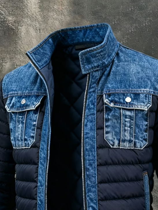 Close-up of the upper front, showing the stand collar, two denim chest pockets with silver buttons and the diamond-quilted inner lining. 3