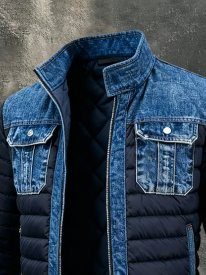Close-up of the upper front, showing the stand collar, two denim chest pockets with silver buttons and the diamond-quilted inner lining. 3