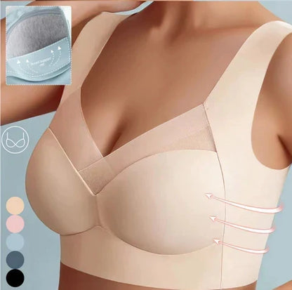 Beige bra worn by a model, with arrows showing the lifting support, a close-up of the grey inner cup and a colour palette. 2
