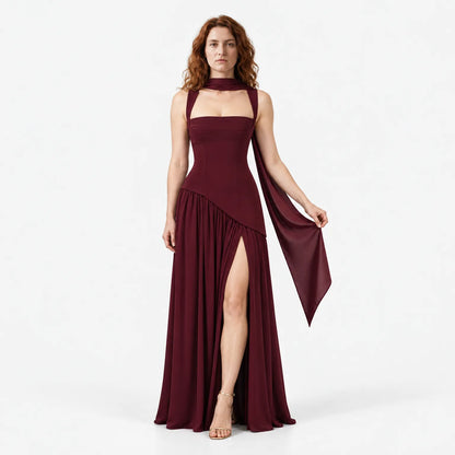 Sculpted Draped Satin-Feel Maxi Dress